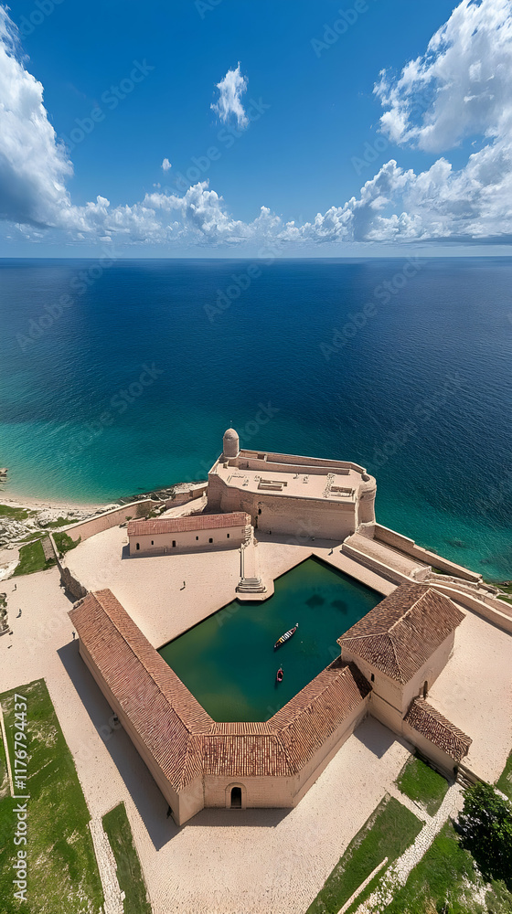 Obraz premium Coastal Fortress Aerial View Illustration