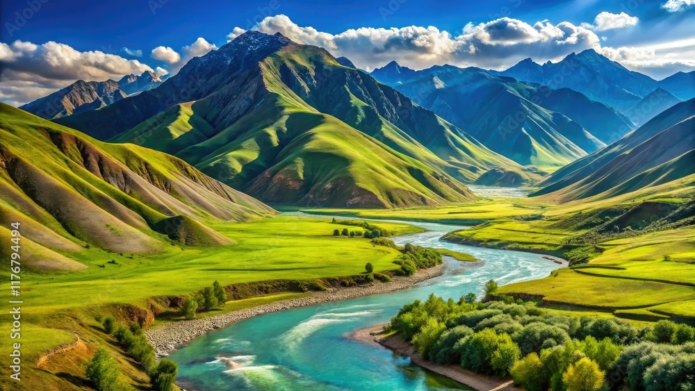 Naklejka premium Kyrgyzstan's Ottuk valley: breathtaking landscape photography, perfectly composed using the rule of thirds.