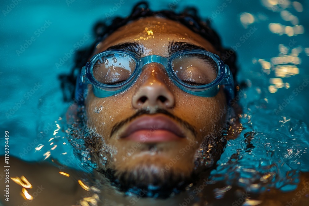 Fototapeta premium A serene young man floats underwater, eyes closed and goggles on, embodying relaxation and peace in the shimmering blue water, capturing a moment of calmness.