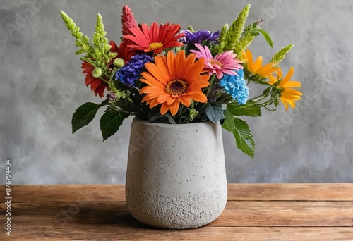 Wallpaper Mural A bouquet of vibrant flowers in a cement vase on a wooden table, with a blurred background Torontodigital.ca