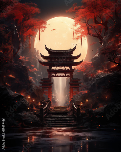 Digital painting of Japanese shrine gates at night