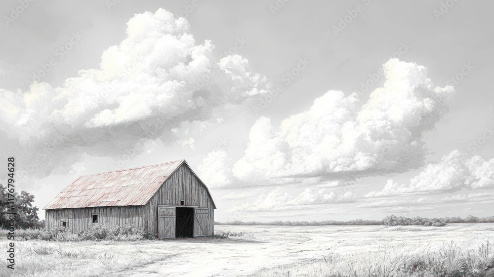 Rustic barn, open doors, cloudy sky, field. Rustic barn, open doors, cloudy sky, field.