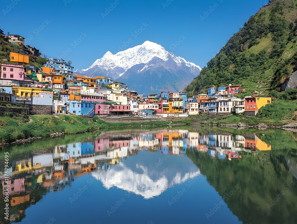 Colorful Village Reflection in Lake, Mountain Background Colorful Village Reflection in Lake, Mountain Background