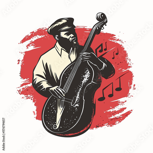 Jazz musician playing double bass with musical notes.