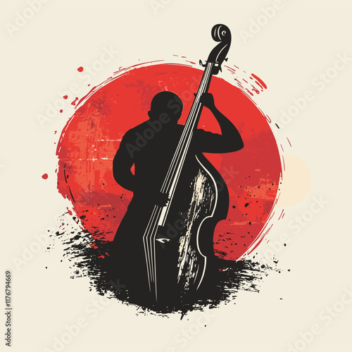 Jazz musician playing double bass with musical notes.