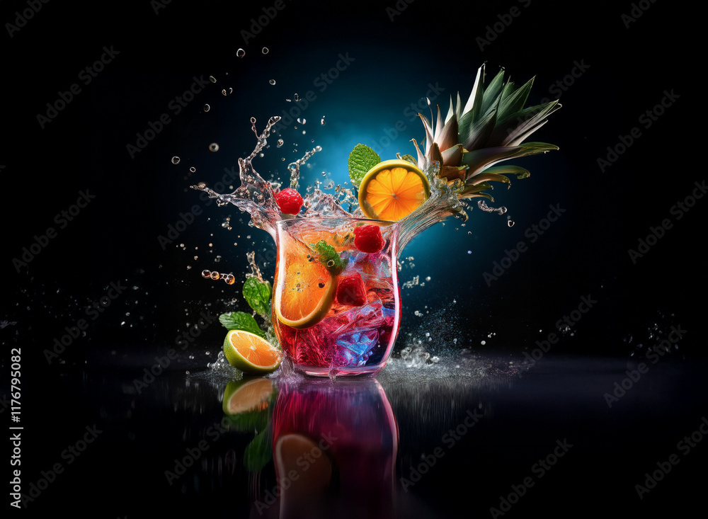 Vibrant tropical cocktail splashing in a glass, garnished with pineapple, raspberries, and citrus. Water droplets create a dynamic scene against a dark background. Vibrant tropical cocktail splashing in a glass, garnished with pineapple, raspberries, and citrus. Water droplets create a dynamic scene against a dark background.