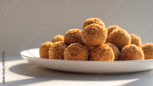 Crispy Breaded Savory Balls Served on a White Plate for Appetizing Snack or Party Dish photo