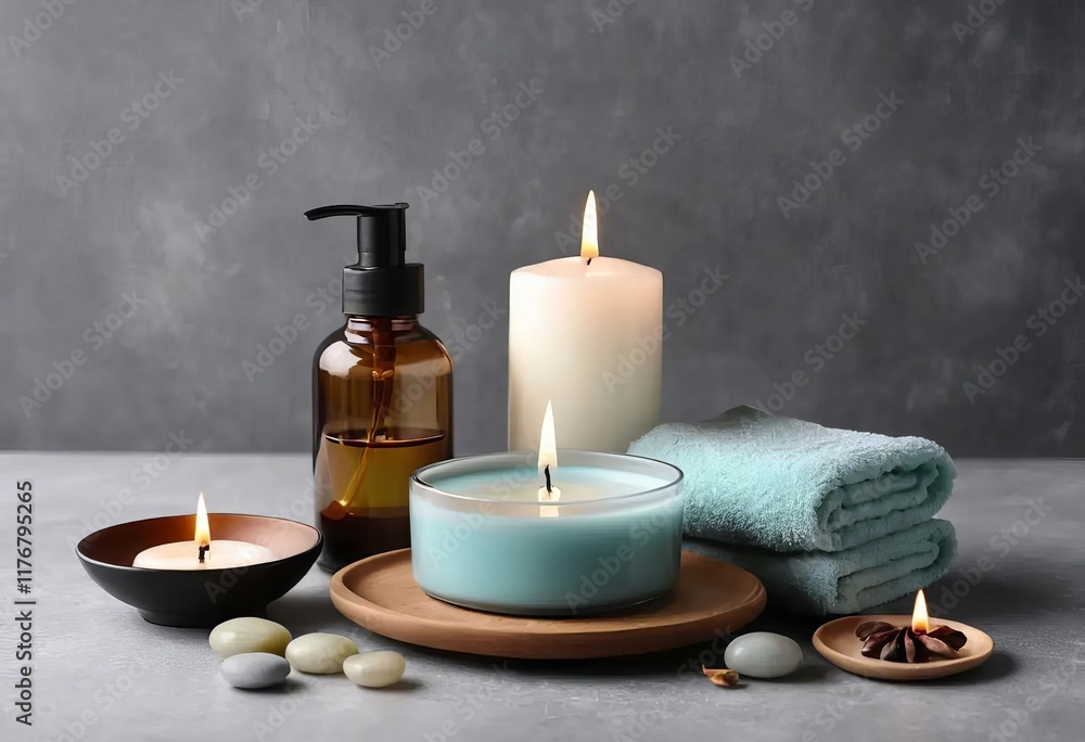 A variety of spa products, including candles, oils, and bath salts, arranged on a grey table. A variety of spa products, including candles, oils, and bath salts, arranged on a grey table.