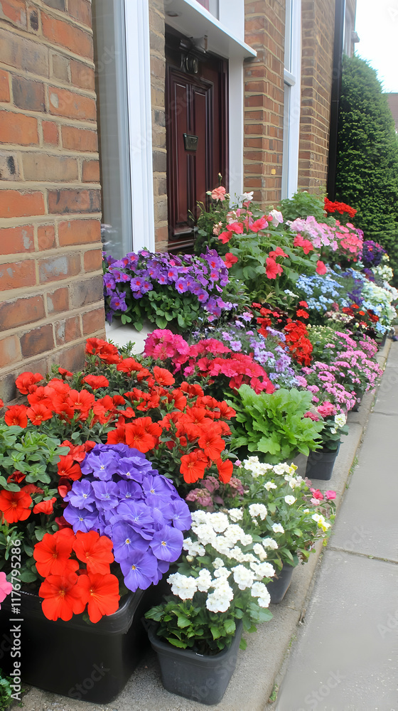 Naklejka premium Vibrant Flower Pot Display, House Entrance