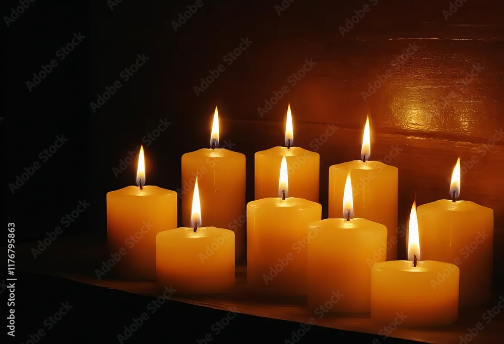 A close-up of lit candles in a dark room A close-up of lit candles in a dark room