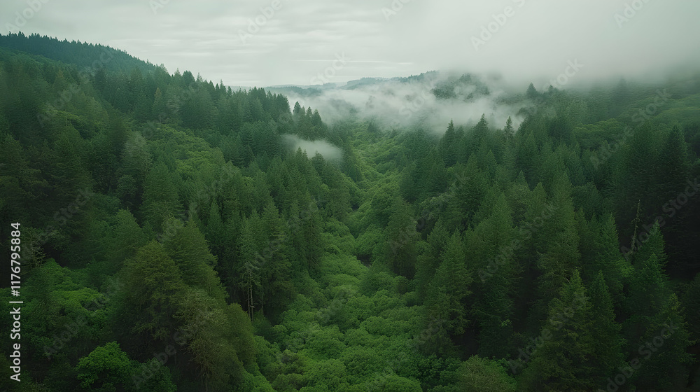 Fototapeta premium Misty Green Forest Aerial View