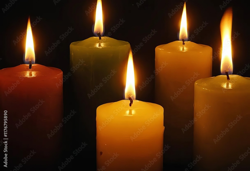 A close-up of lit candles in a dark room A close-up of lit candles in a dark room