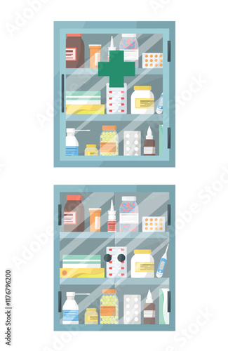 Icons of two medicine cabinets filled with medicines with different doors. Medicine and healthcare.