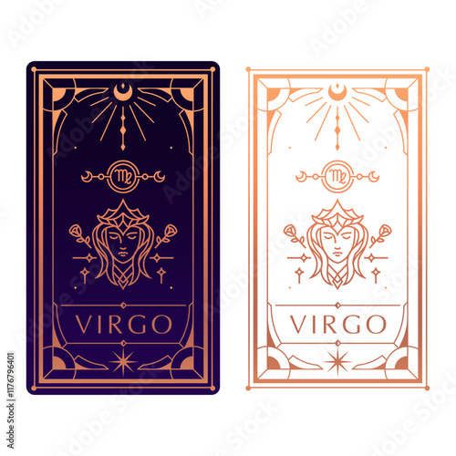 virgo zodiac sign astrology cards set , horoscope, tarot, fortune teller. Vintage mystical illustration outline hand drawing, magical esoteric horoscope templates for wall print poster