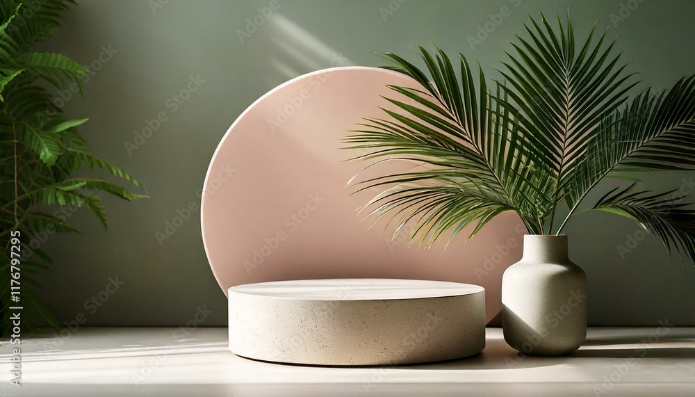 Fototapeta premium Minimalist setup with a round podium and a vase with palm leaves.
