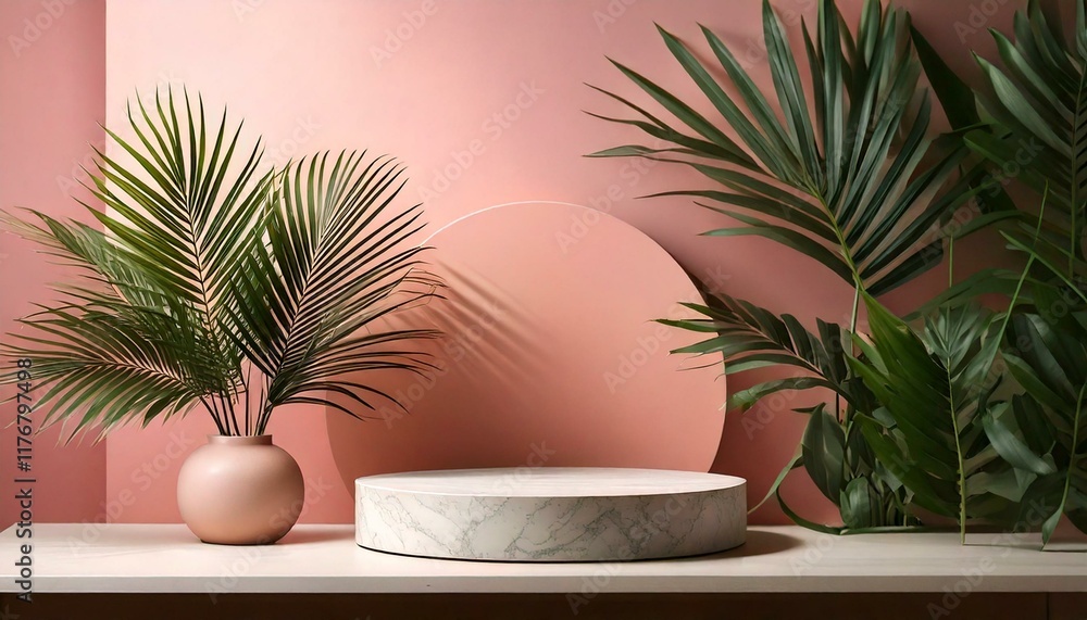 Minimalist setup with a round podium and a vase with palm leaves. Minimalist setup with a round podium and a vase with palm leaves.