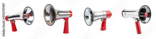 Variety of megaphones loudspeakers and audio broadcasting devices for amplifying announcements warnings protests rallies and other public communication purposes photo