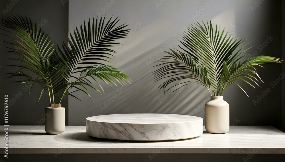 Minimalist setup with a round podium and a vase with palm leaves. Minimalist setup with a round podium and a vase with palm leaves.