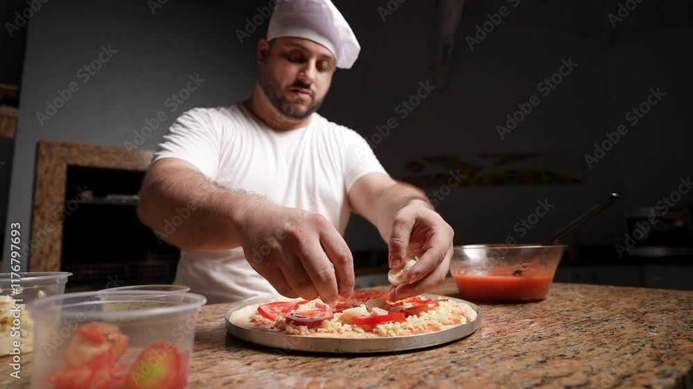 Professional chef skillfully add fresh mushrooms to a cheese and tomato pizza, preparing a mouth-watering dish perfect for pizza lovers Professional chef skillfully add fresh mushrooms to a cheese and tomato pizza, preparing a mouth-watering dish perfect for pizza lovers