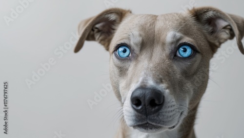 A close up of a dog's face with blue eyes photo