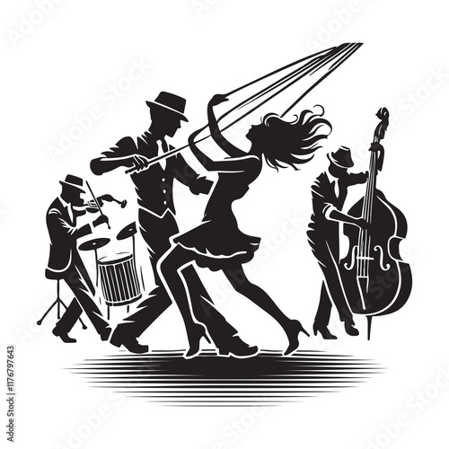 Swing Dance Silhouette Vector Illustration, Solid White Background.