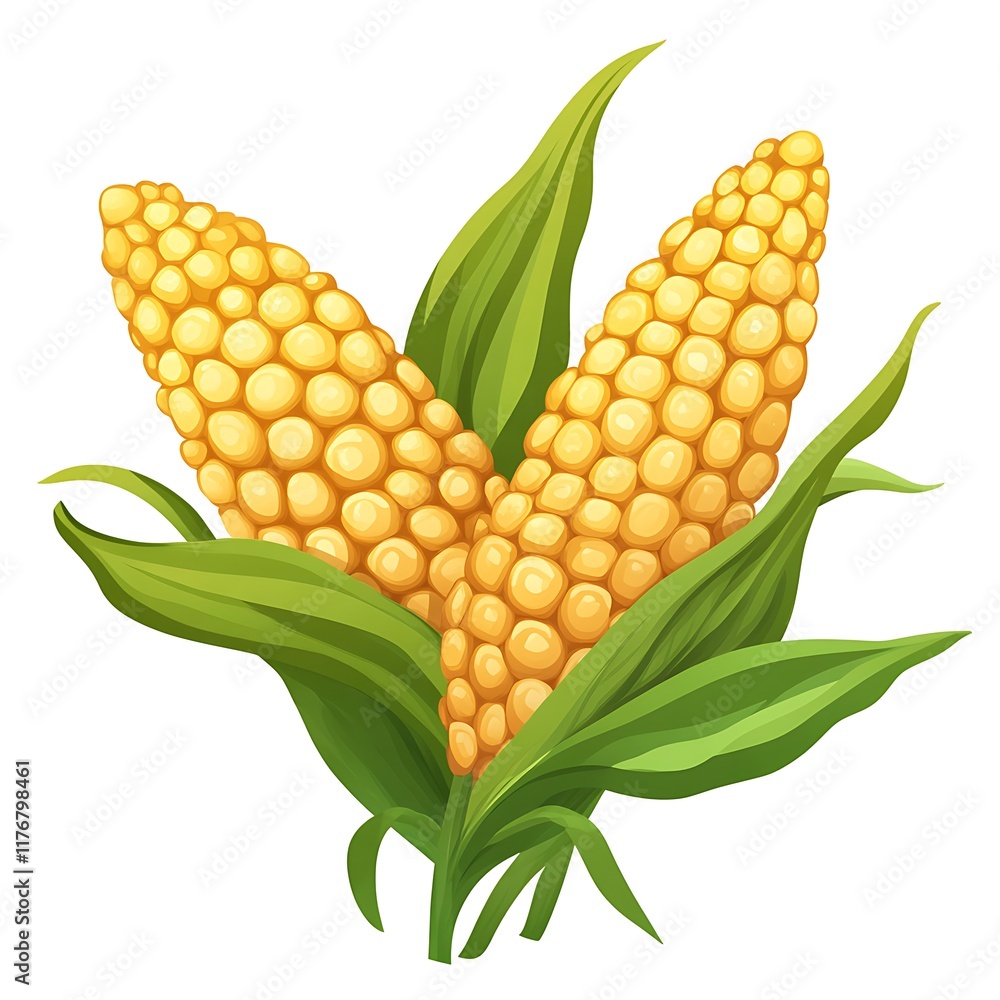 Obraz premium Isolated Yellow Corn Cobs with Green Leaves on White Background - Organic Vegetables