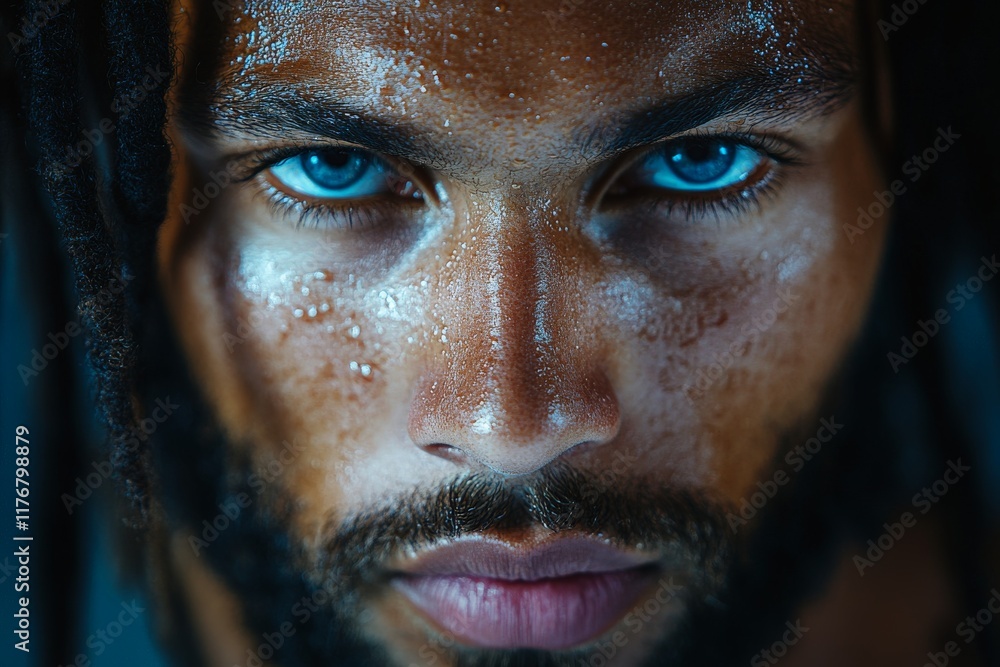 An impactful portrait of a young man with striking blue eyes and sweat, conveying strength and resilience, making a powerful statement about athletic dedication and hard work. An impactful portrait of a young man with striking blue eyes and sweat, conveying strength and resilience, making a powerful statement about athletic dedication and hard work.
