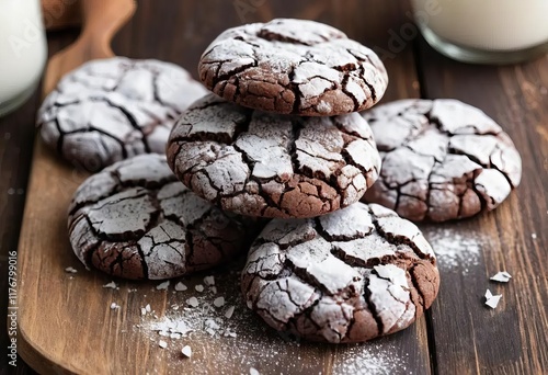 Obraz na płótnie Close-up of chocolate crinkle cookies with powdered sugar on top, on a wooden background w salonie