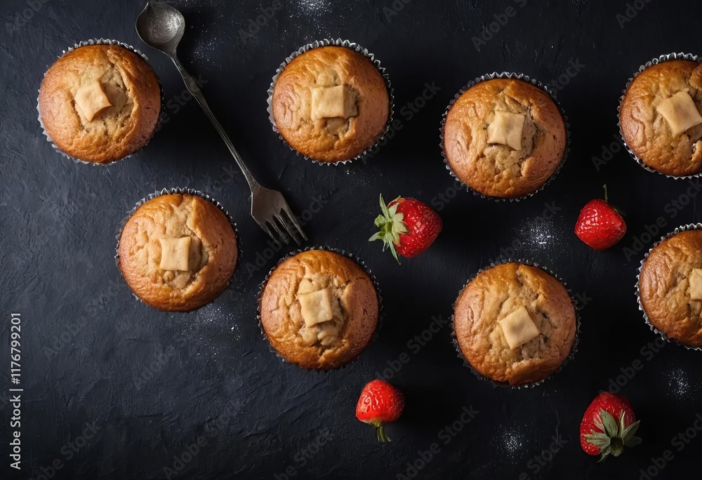 A close-up of freshly baked muffins on a dark background A close-up of freshly baked muffins on a dark background