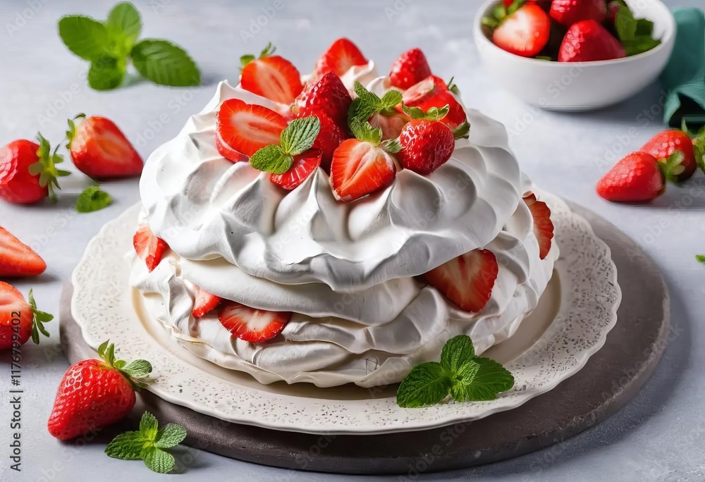 A slice of Pavlova cake topped with fresh strawberries and mint on a white plate A slice of Pavlova cake topped with fresh strawberries and mint on a white plate