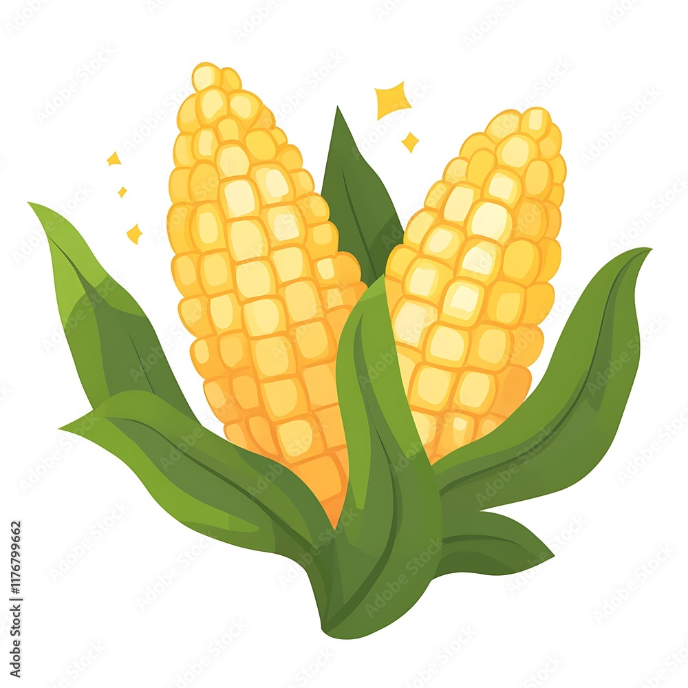 Obraz premium Isolated Yellow Corn Cobs with Green Leaves on White Background - Organic Vegetables