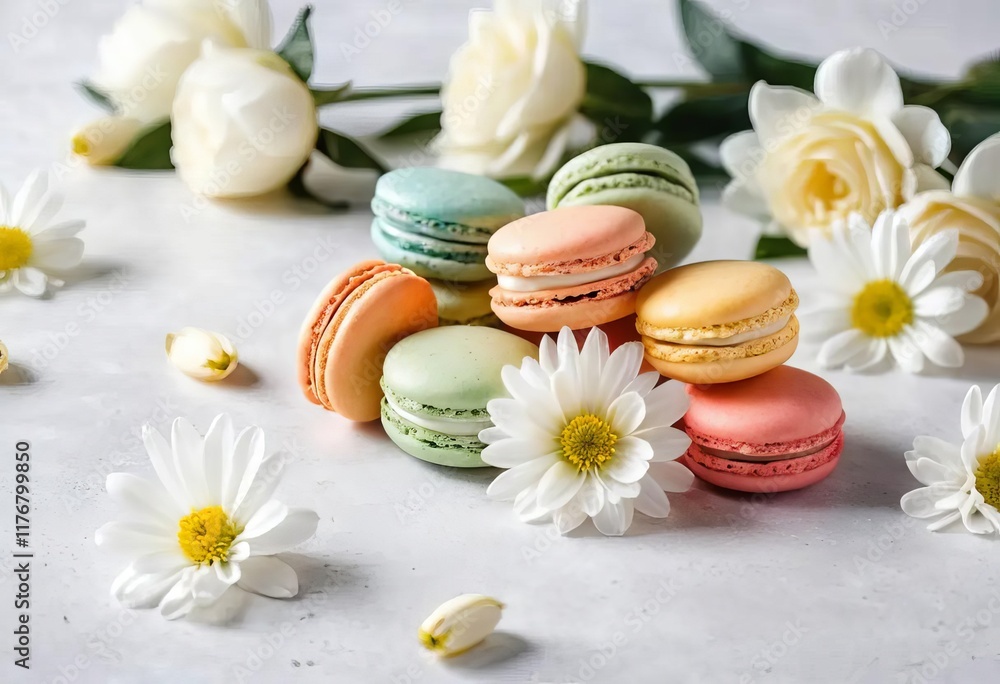 A flat lay of colorful macaroons and white flowers on a white tile background A flat lay of colorful macaroons and white flowers on a white tile background