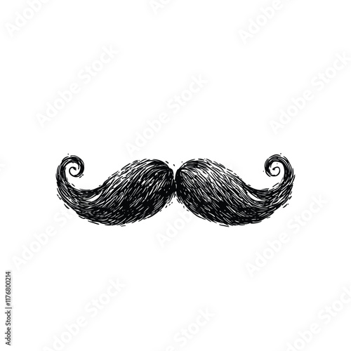 Whimsical black mustache art with detailed, curled ends.