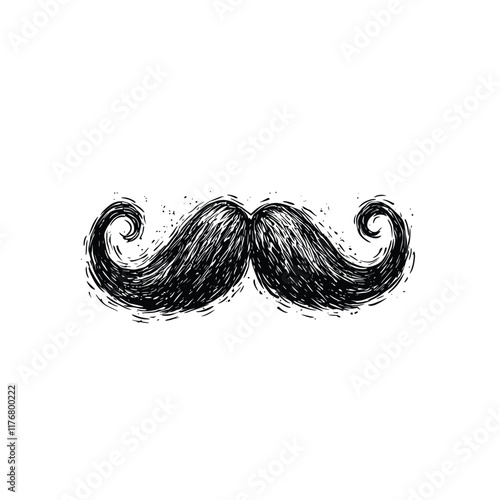 Whimsical black mustache art with detailed, curled ends.