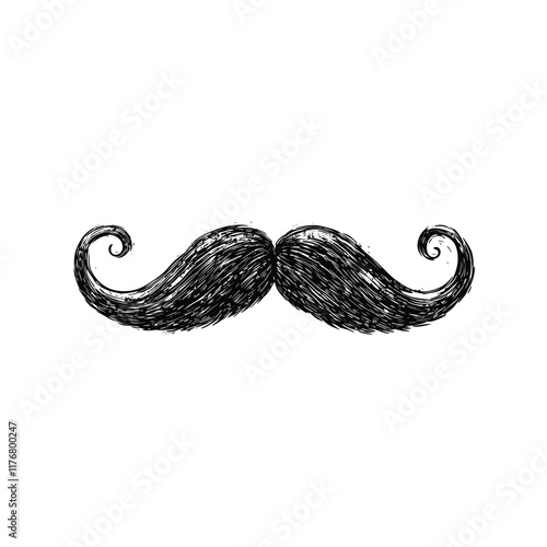 Whimsical black mustache art with detailed, curled ends.