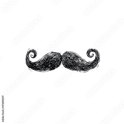 Whimsical black mustache art with detailed, curled ends.