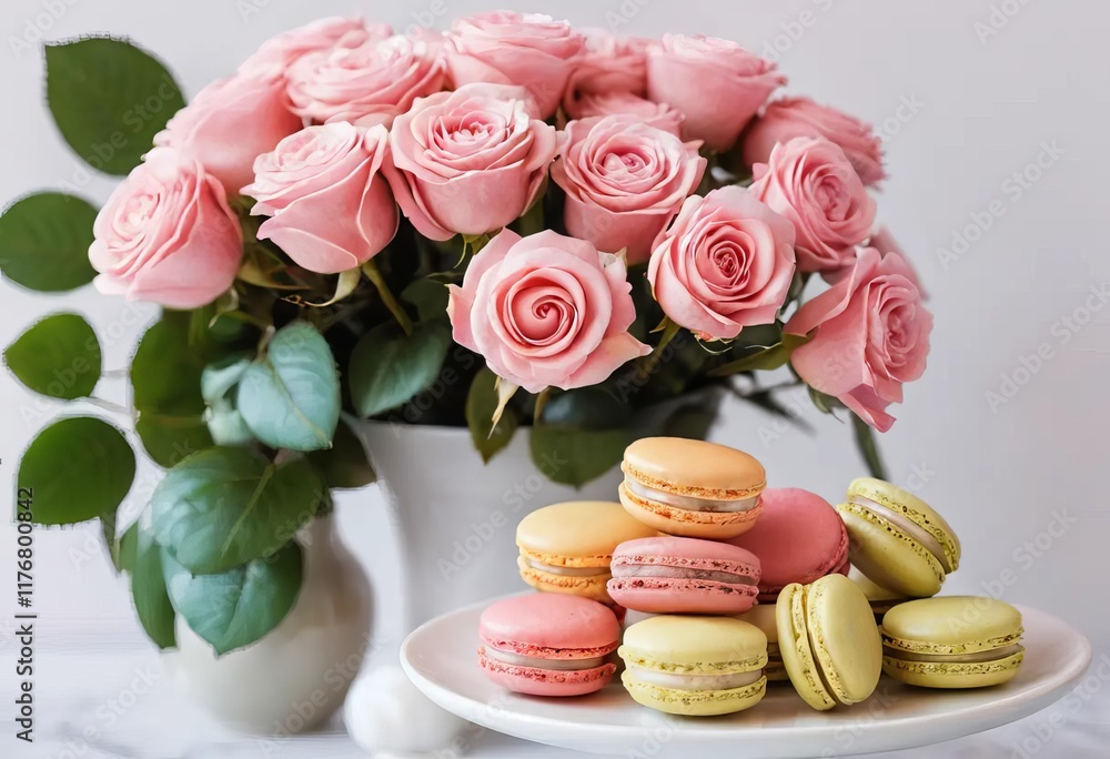 A plate of colorful macarons with pink roses in the background A plate of colorful macarons with pink roses in the background