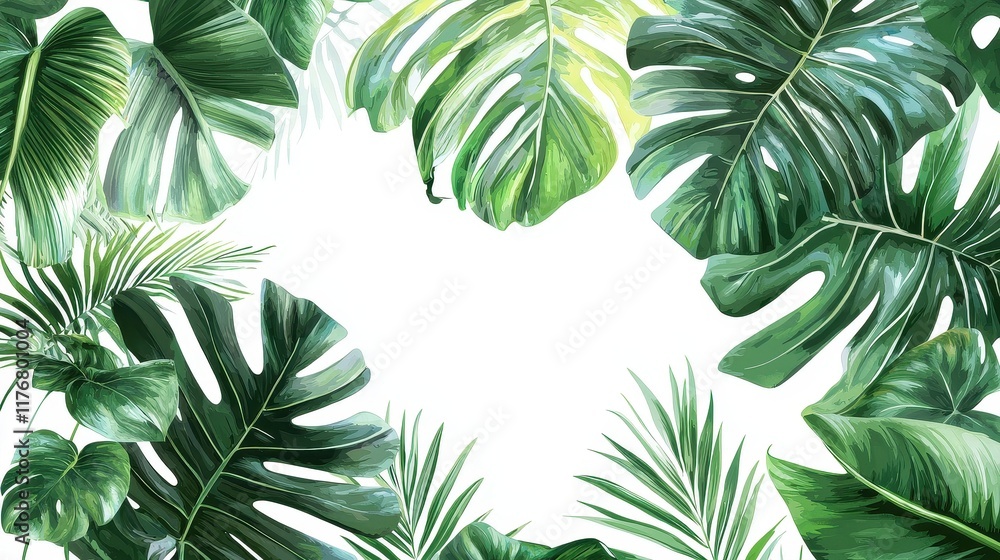 Lush Tropical Leaves Frame White Background Lush Tropical Leaves Frame White Background