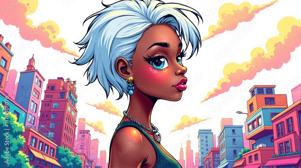Stylish woman walking in a vibrant city illustration Stylish woman walking in a vibrant city illustration