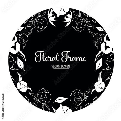 Elegant Black and White Floral Frame. A sophisticated circular frame featuring delicate black and white floral illustrations, perfect for wedding invitations, cards, or elegant designs.