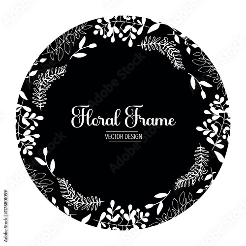 Elegant Black and White Floral Frame. A sophisticated circular frame featuring delicate black and white floral illustrations, perfect for wedding invitations, cards, or elegant designs.