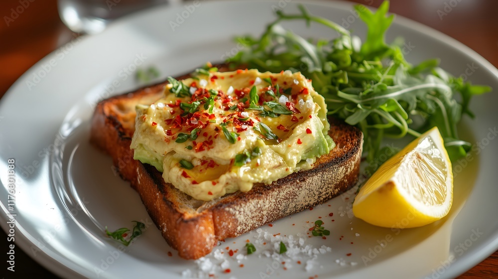 Healthy smashed avocado on toasted bread served with lemon and arugula at a cozy breakfast spot Healthy smashed avocado on toasted bread served with lemon and arugula at a cozy breakfast spot