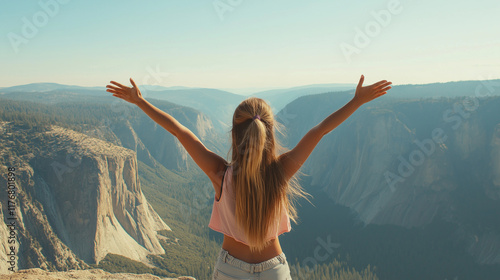 Young caucasian female embracing freedom with mountain view, woman raised her hands up above the landscape