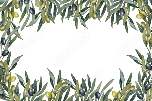 Wallpaper Mural Hand drawn watercolor olive frame with green leaves, green and black olives. Natural botanical style template. Ideal for packaging, cards, invitations, decor, Mediterranean branding, and eco designs Torontodigital.ca
