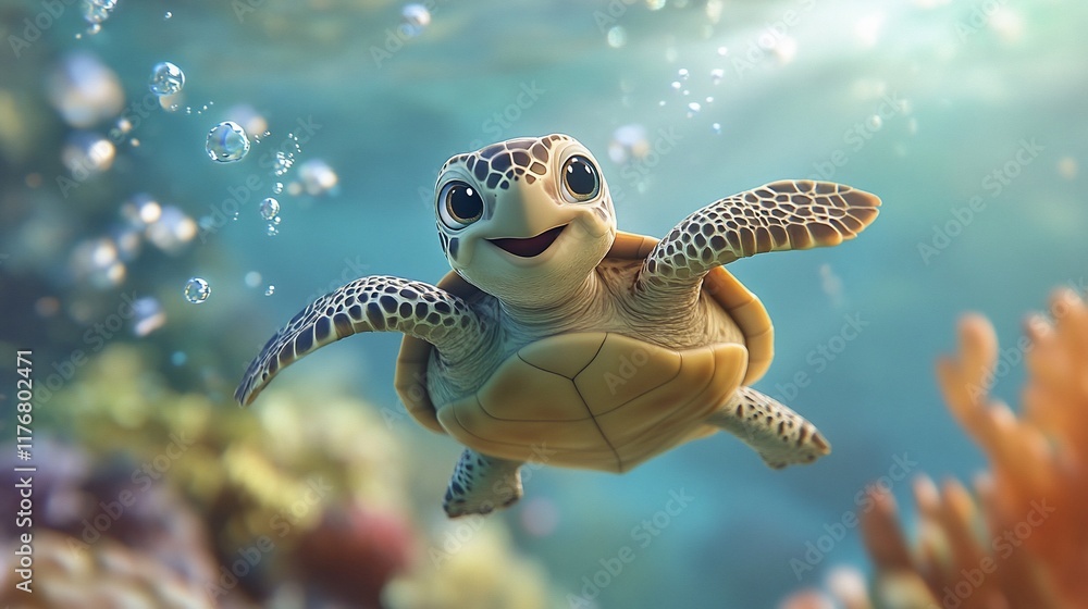 Obraz premium Cute cartoon sea turtle swimming underwater.