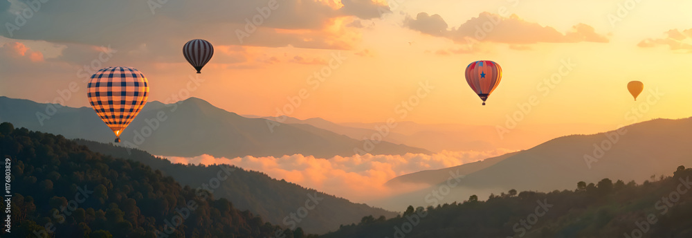 A colorful group of hot air balloons is gracefully flying over a majestic mountain range during a beautiful sunset sky display