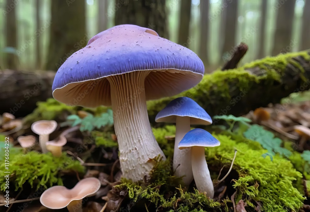 Fototapeta premium A close-up of a wood blewit mushroom with a blue and violet-tinted cap and gills