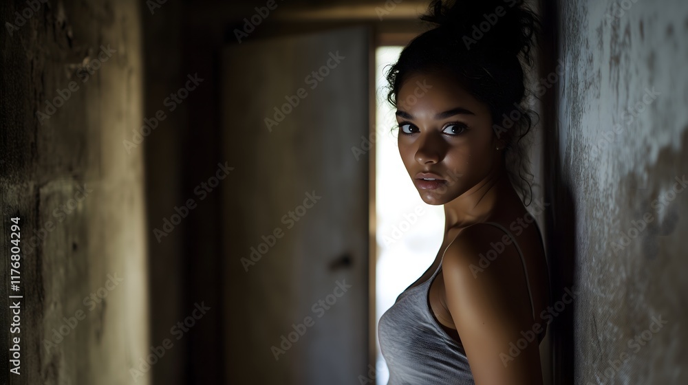 Fototapeta premium Young woman standing in a dimly lit corridor reflecting on her surroundings during early evening hours