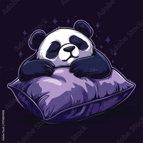 Cute panda on a pillow under starry purple night sky. photo