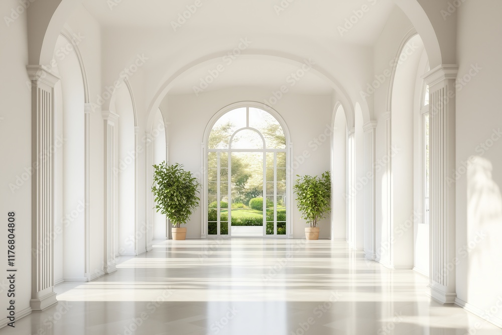 Bright and airy corridor with arches and large windows in a minimalist design Bright and airy corridor with arches and large windows in a minimalist design